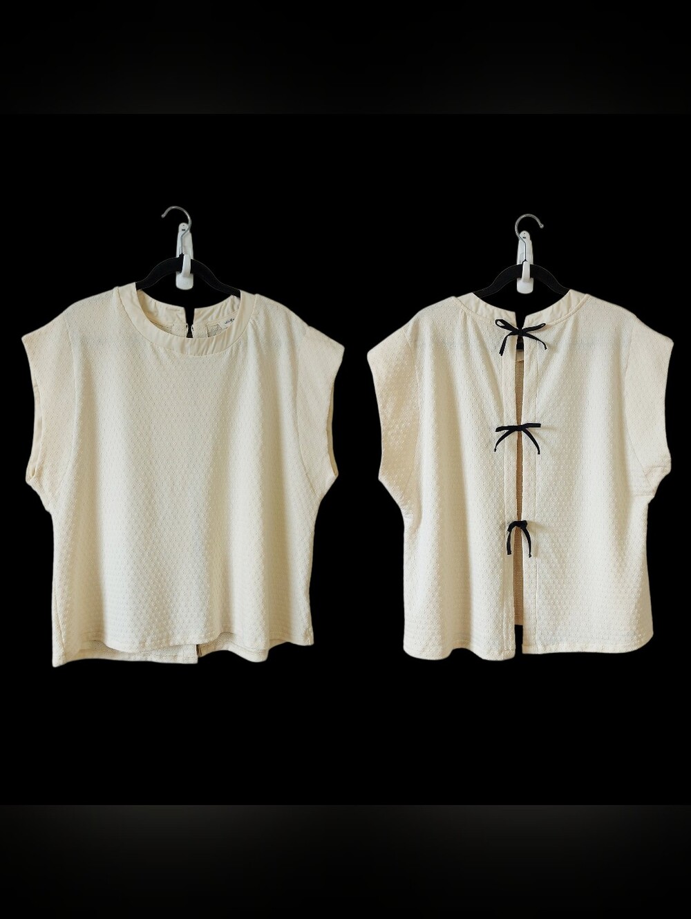 Umgee Cream Textured Cap-Sleeve Boxy Top Bretheable Stretch Open Bow Tie Back